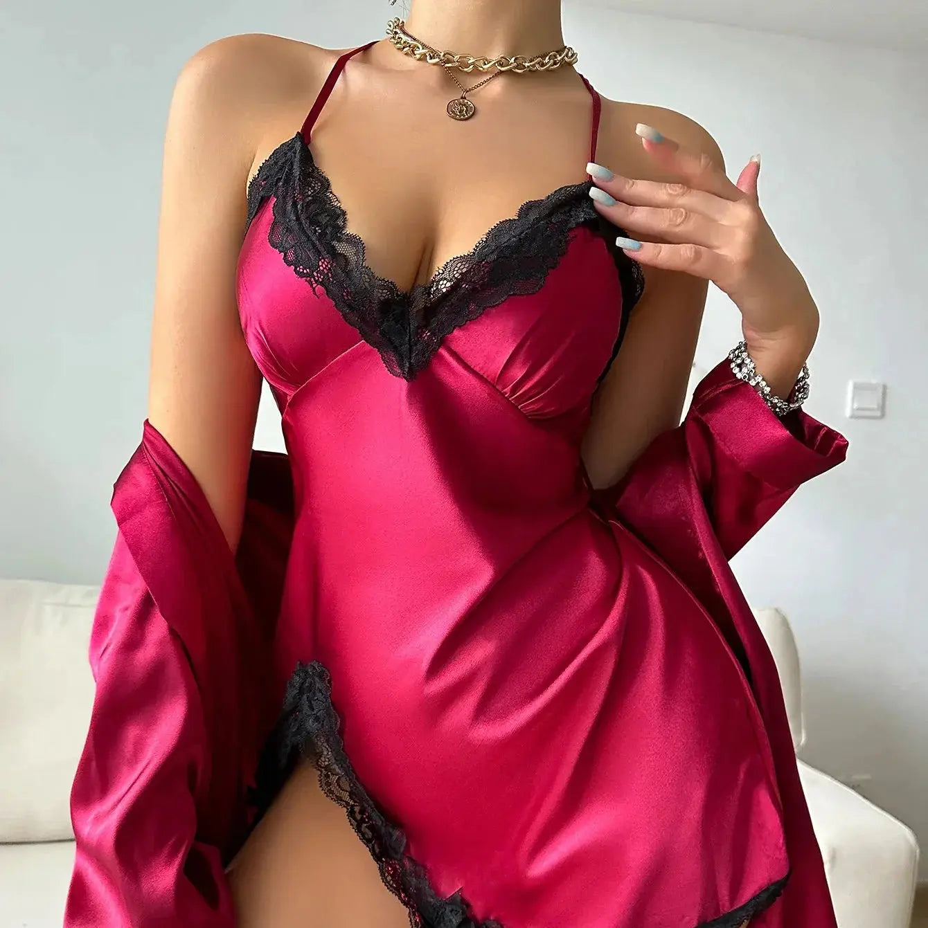 Solid Satin Pajama Set Long Sleeve Robe With Belt & Contrast Lace V Neck Slip Dress Women's Sleepwear