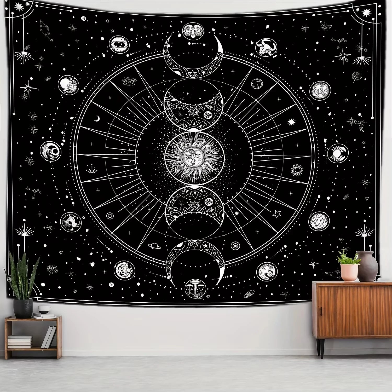 VIKAMA Star and Moon Embroidered Tapestry Constellation Boho Living Room Bedroom Meditation Room Decoration