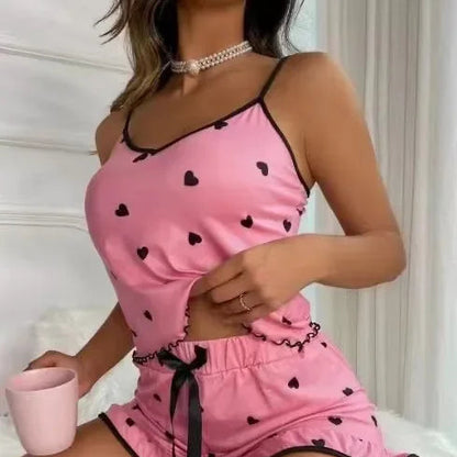 Summer Hot Sale Women's Sleeveless Strap Two-Piece Set Home Sleepwear Soft Drapey Cute Heart Print Sleepwear Ensemble