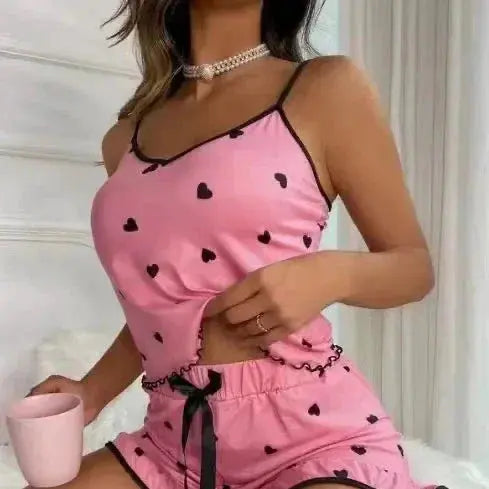 Summer Hot Sale Women's Sleeveless Strap Two-Piece Set Home Sleepwear Soft Drapey Cute Heart Print Sleepwear Ensemble