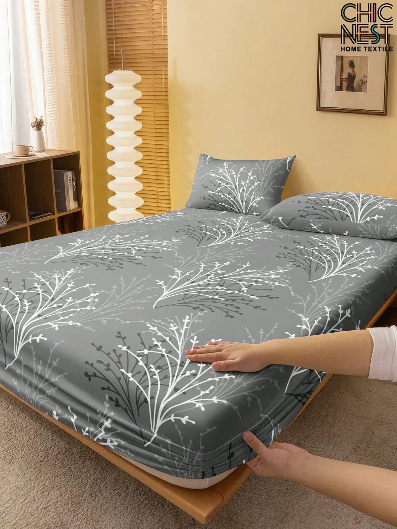 3PCS Gray Fitted Sheet Set Modern Style White Tree Branche Leaf Pattern Print Flat Sheet With 2Pillowcases For Dormitory Decor