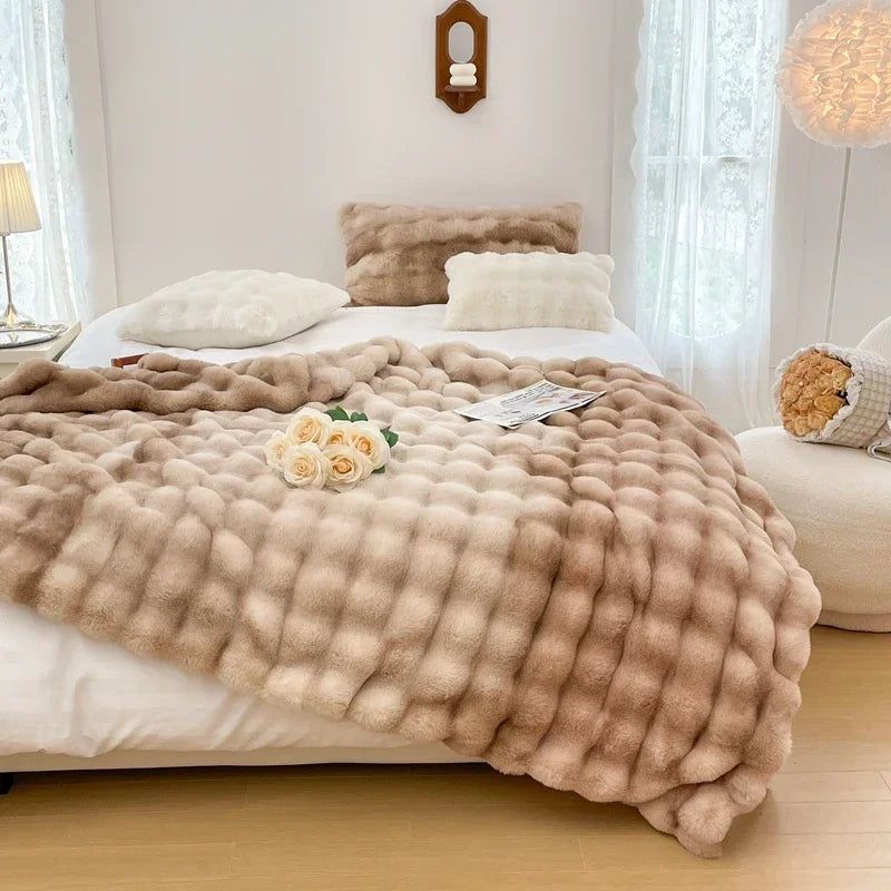 Soft and Cozy Toscana Rabbit Fur Blanket With Double-sided Bubble Fleece - Perfect for Office and Sofa Cover Warm Winter Bed