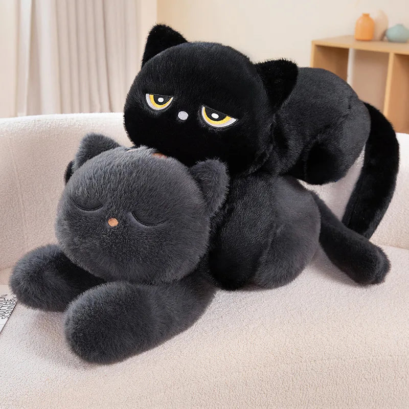60/90cm Black Cat Plush Pillow Soft Stuffed Lying Cat Cushion Cute Sleeping Cat Design Lovely Birthday Gift Idea for Cat Lovers